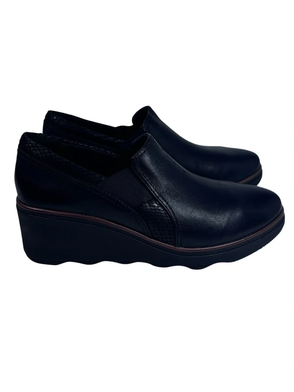Clarks Collection Mazy Squam Black Slip On Wedge Shoes - size 7.5
